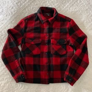 Mango Buffalo plaid over shirt, cropped length